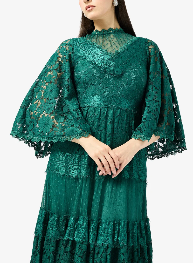 Frock And Frill emerald green Laced Bell Sleeve Maxi Dress for Women | Best Price UAE